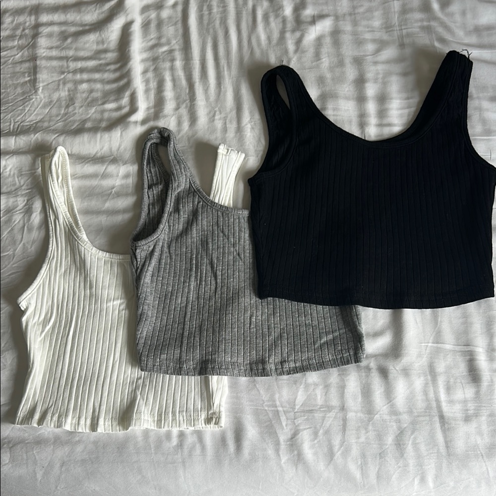 Ribbed Knit Tank Top Set - Black, Gray, White